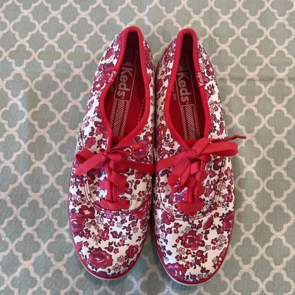 Keds Floral Lace Up Sneakers Red White 7.5 - Picture 2 of 9